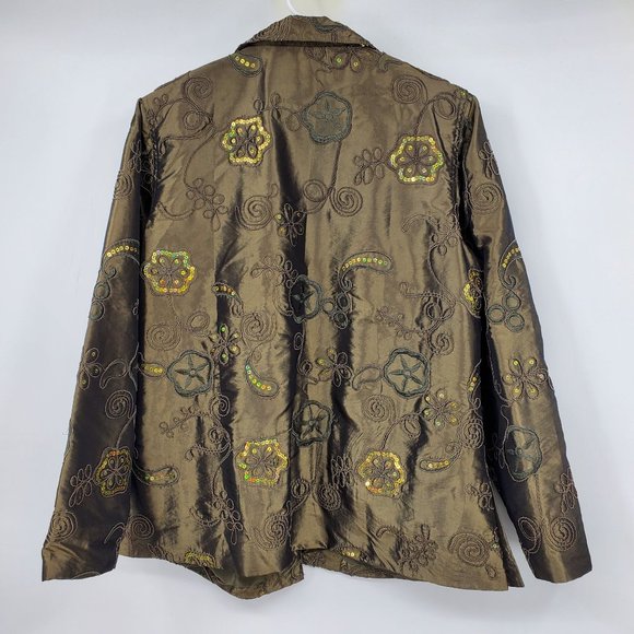 Susan Graver Style Green Floral Print Sequin Blazer Light Suit Coat Large - Picture 2 of 9